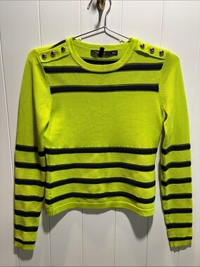 Karen Millen neon green and black stripe sweater fitted stretch S